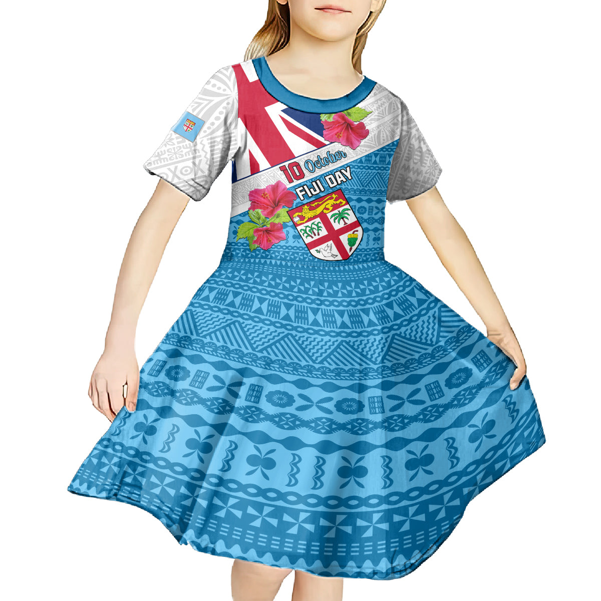 Personalised Fiji Day Kid Short Sleeve Dress Fijian Hibiscus Special Version LT01 - Polynesian Pride