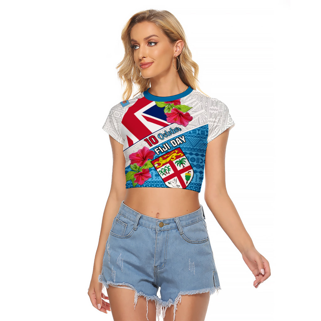 Personalised Fiji Day Raglan Cropped T Shirt Fijian Hibiscus Special Version LT01 Female White - Polynesian Pride