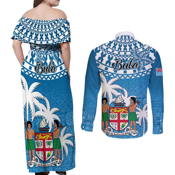 Fiji Couples Matching Summer Maxi Dress and Long Sleeve Button Shirts Bula Fijian Tapa Pattern LT01 main image 0
