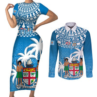Fiji Couples Matching Short Sleeve Bodycon Dress and Long Sleeve Button Shirts Bula Fijian Tapa Pattern LT01 Blue - Polynesian Pride
