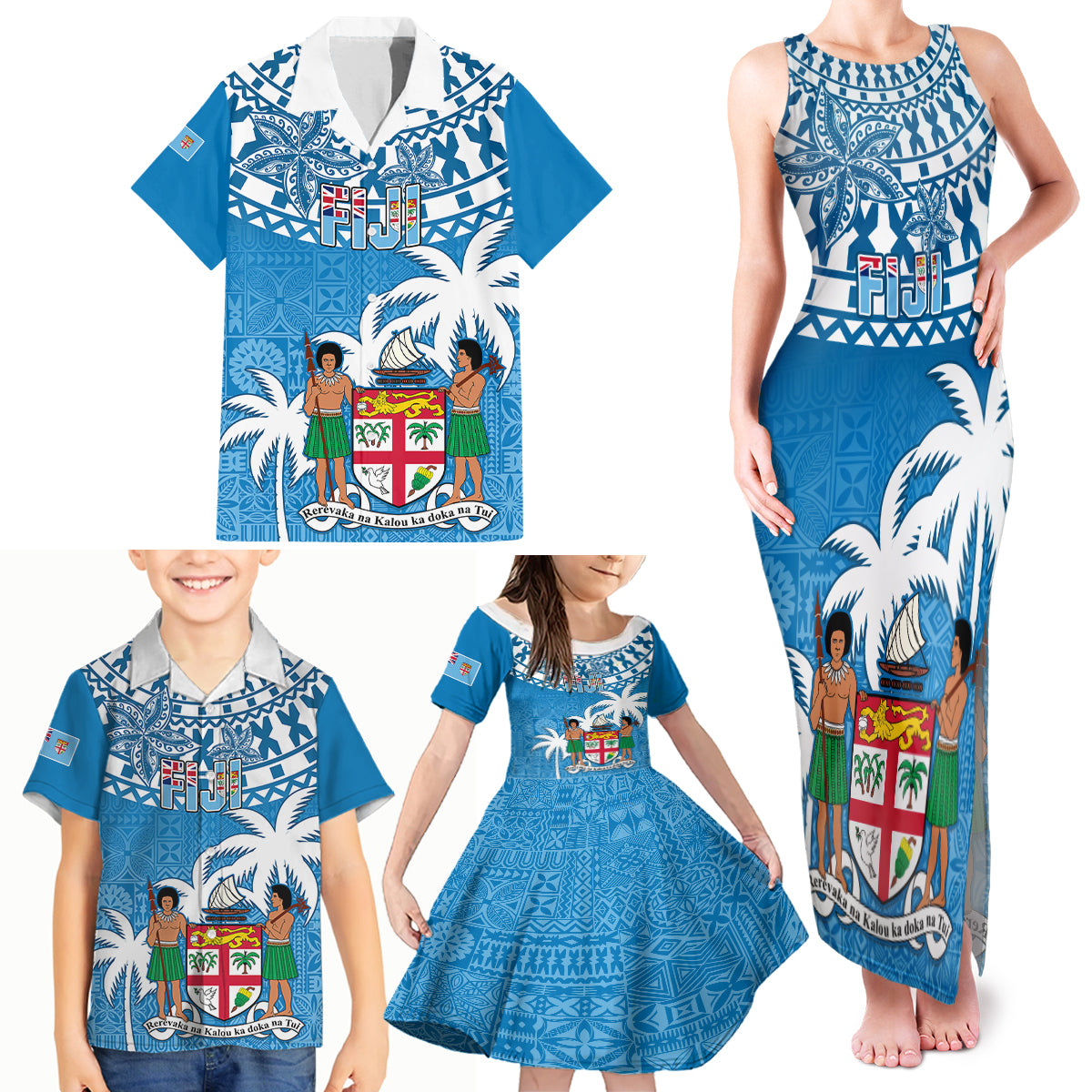 Fiji Family Matching Tank Maxi Dress and Hawaiian Shirt Bula Fijian Tapa Pattern LT01 - Polynesian Pride