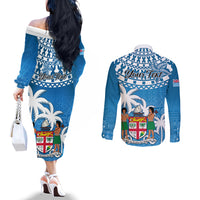 Personalised Fiji Couples Matching Off The Shoulder Long Sleeve Dress and Long Sleeve Button Shirts Bula Fijian Tapa Pattern LT01 - Polynesian Pride