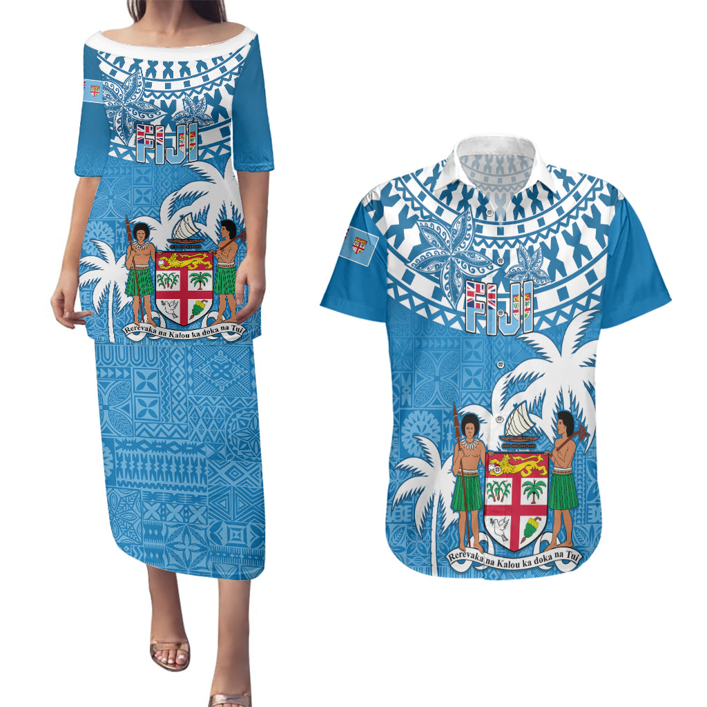 Personalised Fiji Couples Matching Puletasi Dress and Hawaiian Shirt Bula Fijian Tapa Pattern LT01 Blue - Polynesian Pride