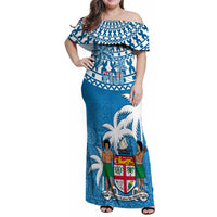 Personalised Fiji Family Matching Off Shoulder Maxi Dress and Hawaiian Shirt Bula Fijian Tapa Pattern LT01 Mom's Dress Blue - Polynesian Pride