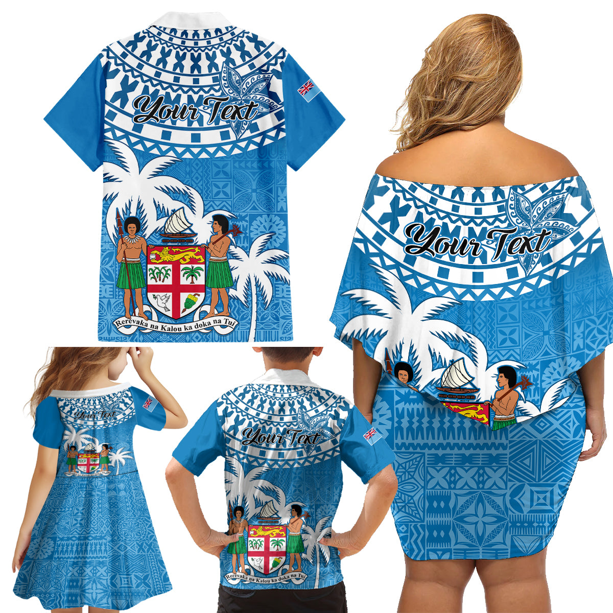 Personalised Fiji Family Matching Off Shoulder Short Dress and Hawaiian Shirt Bula Fijian Tapa Pattern LT01 - Polynesian Pride