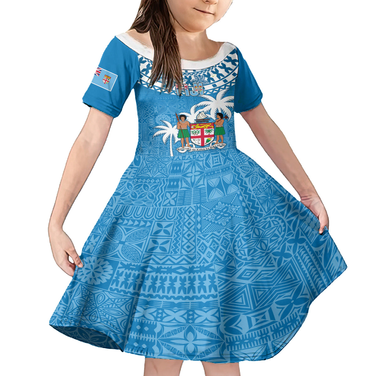 Personalised Fiji Kid Short Sleeve Dress Bula Fijian Tapa Pattern LT01 KID Blue - Polynesian Pride