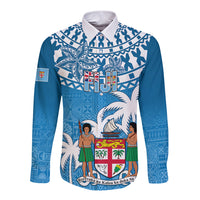Personalised Fiji Long Sleeve Button Shirt Bula Fijian Tapa Pattern LT01 Unisex Blue - Polynesian Pride
