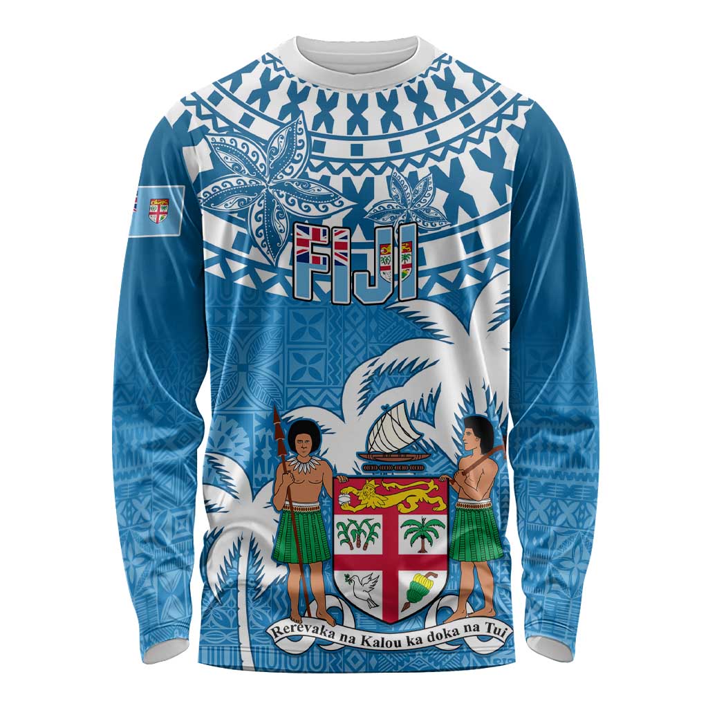 Personalised Fiji Long Sleeve Shirt Bula Fijian Tapa Pattern LT01 Unisex Blue - Polynesian Pride