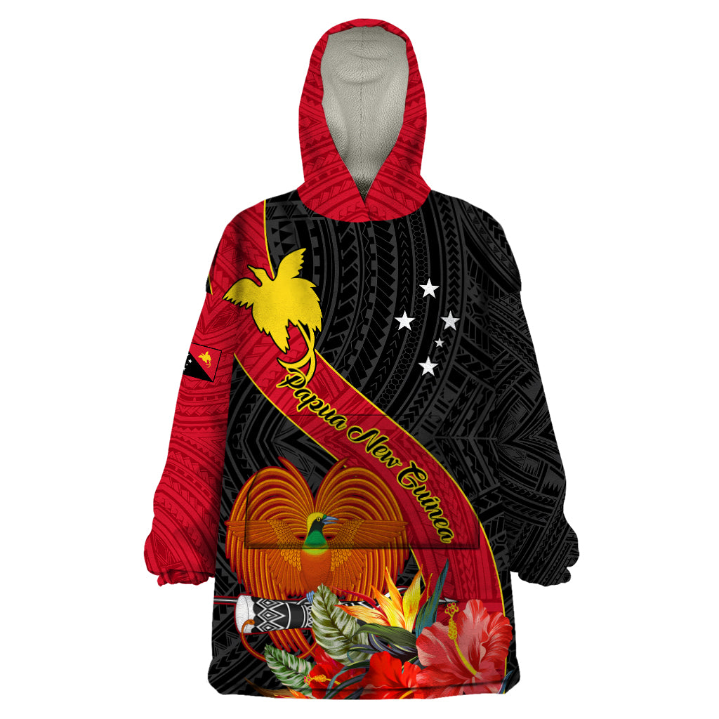 Papua New Guinea Wearable Blanket Hoodie Bird Of Paradise With Tropical Flower LT01 One Size Black - Polynesian Pride