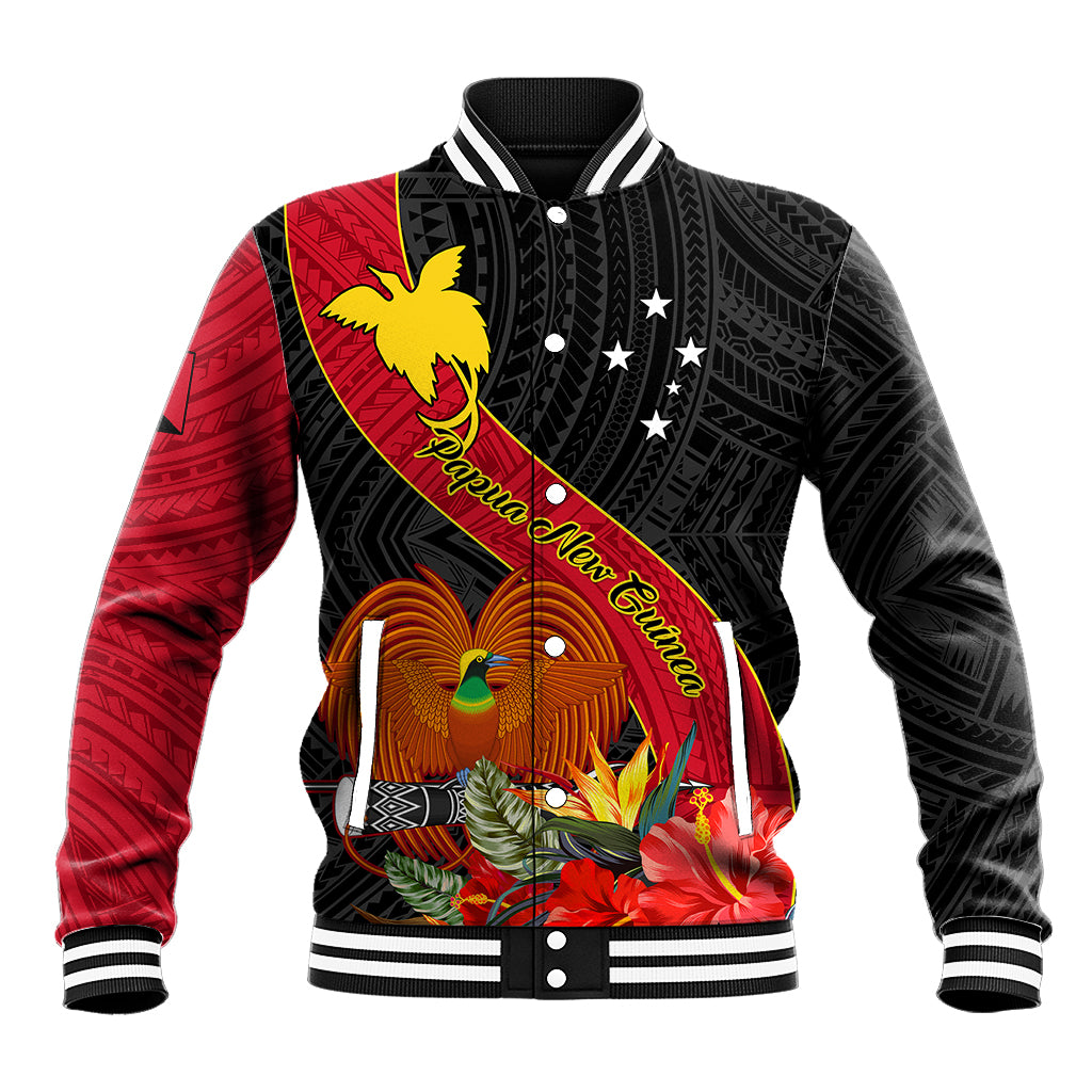 Personalised Papua New Guinea Baseball Jacket Bird Of Paradise With Tropical Flower LT01 Unisex Black - Polynesian Pride
