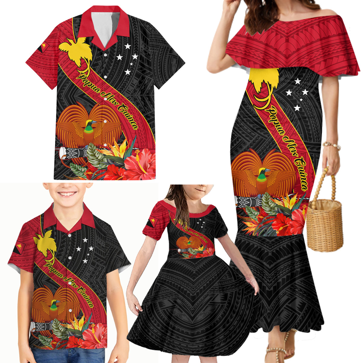 Personalised Papua New Guinea Family Matching Mermaid Dress and Hawaiian Shirt Bird Of Paradise With Tropical Flower LT01 - Polynesian Pride
