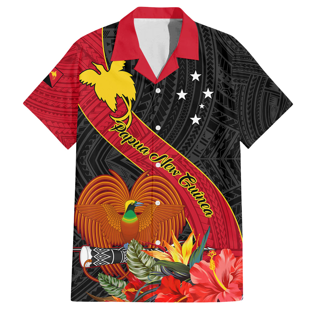 Personalised Papua New Guinea Family Matching Mermaid Dress and Hawaiian Shirt Bird Of Paradise With Tropical Flower LT01 Dad's Shirt - Short Sleeve Black - Polynesian Pride
