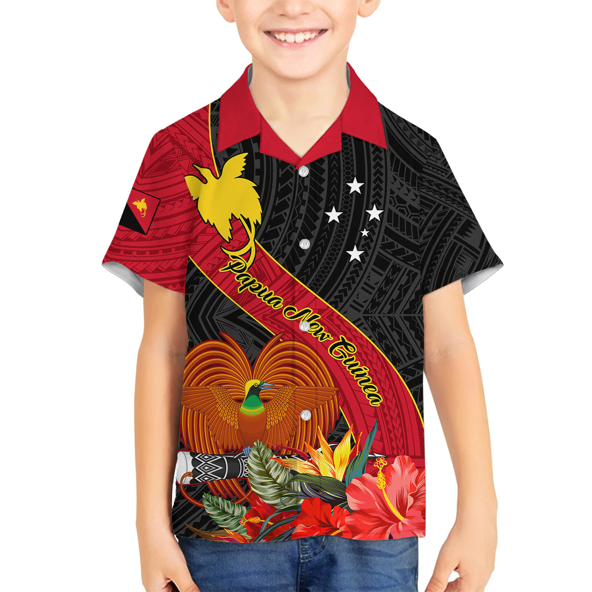 Personalised Papua New Guinea Family Matching Off Shoulder Long Sleeve Dress and Hawaiian Shirt Bird Of Paradise With Tropical Flower LT01 Son's Shirt Black - Polynesian Pride