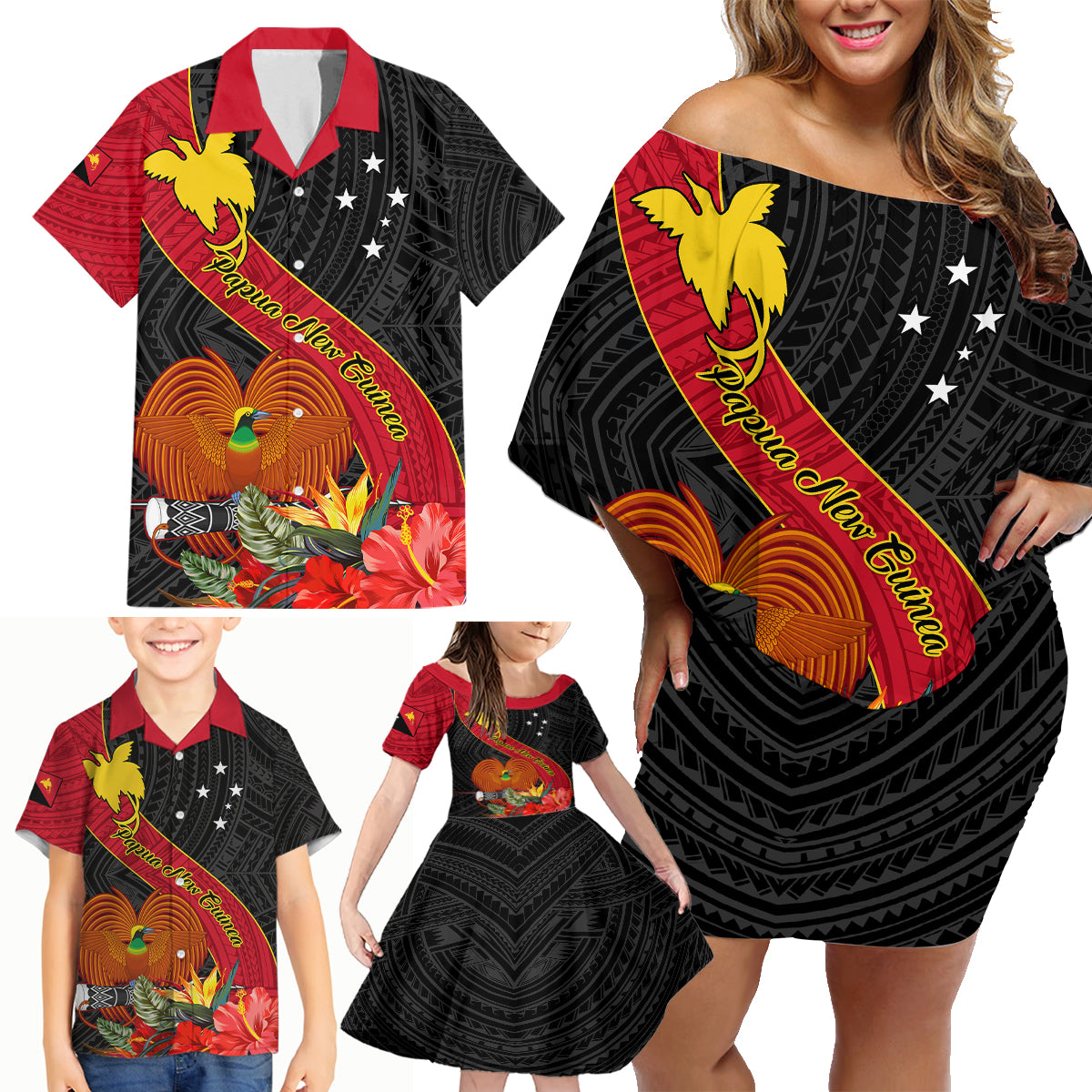 Personalised Papua New Guinea Family Matching Off Shoulder Short Dress and Hawaiian Shirt Bird Of Paradise With Tropical Flower LT01 - Polynesian Pride