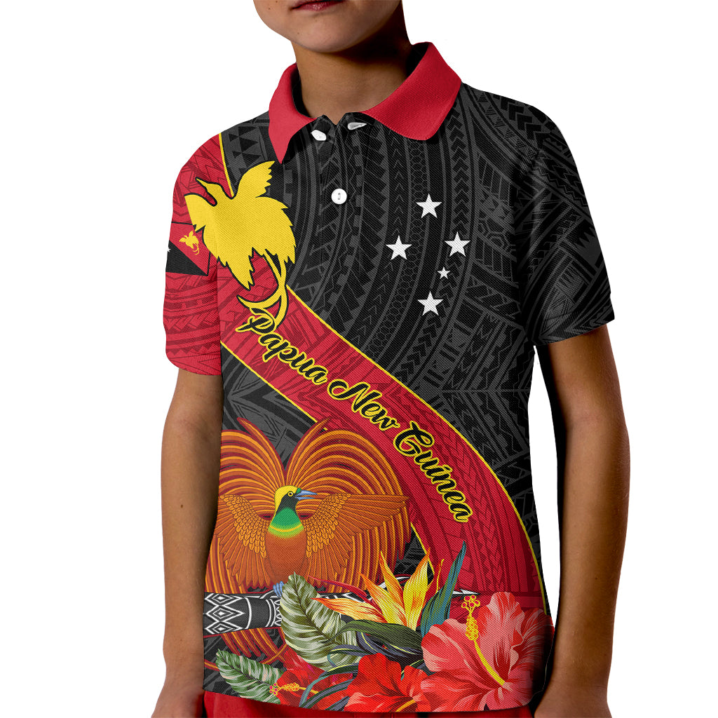 Personalised Papua New Guinea Kid Polo Shirt Bird Of Paradise With Tropical Flower LT01 Kid Black - Polynesian Pride