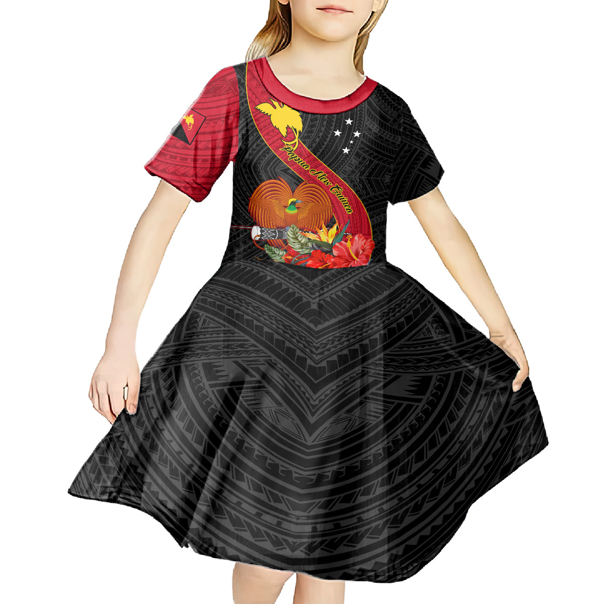 Personalised Papua New Guinea Kid Short Sleeve Dress Bird Of Paradise With Tropical Flower LT01 - Polynesian Pride
