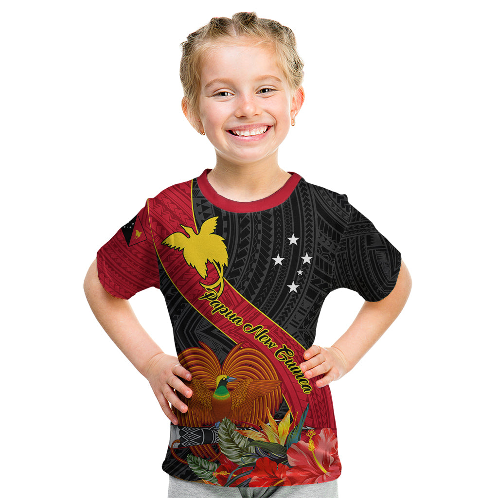 Personalised Papua New Guinea Kid T Shirt Bird Of Paradise With Tropical Flower LT01 Black - Polynesian Pride