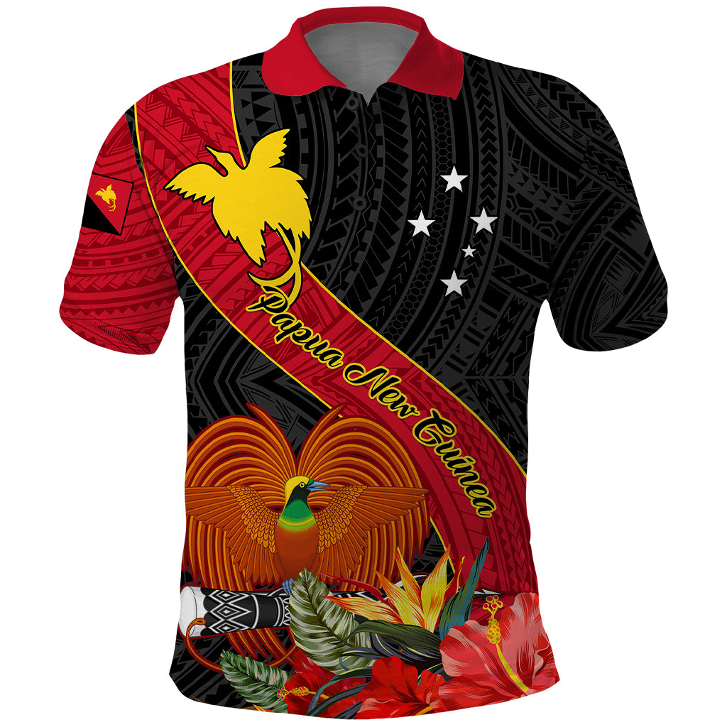 Personalised Papua New Guinea Polo Shirt Bird Of Paradise With Tropical Flower LT01 Black - Polynesian Pride