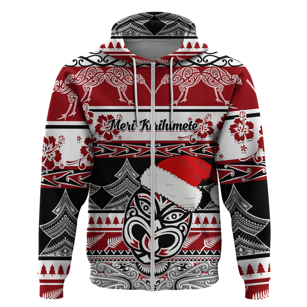Custom New Zealand Christmas Hoodie Maori Meri Kirihimete Moko LT01 Zip Hoodie Red - Polynesian Pride