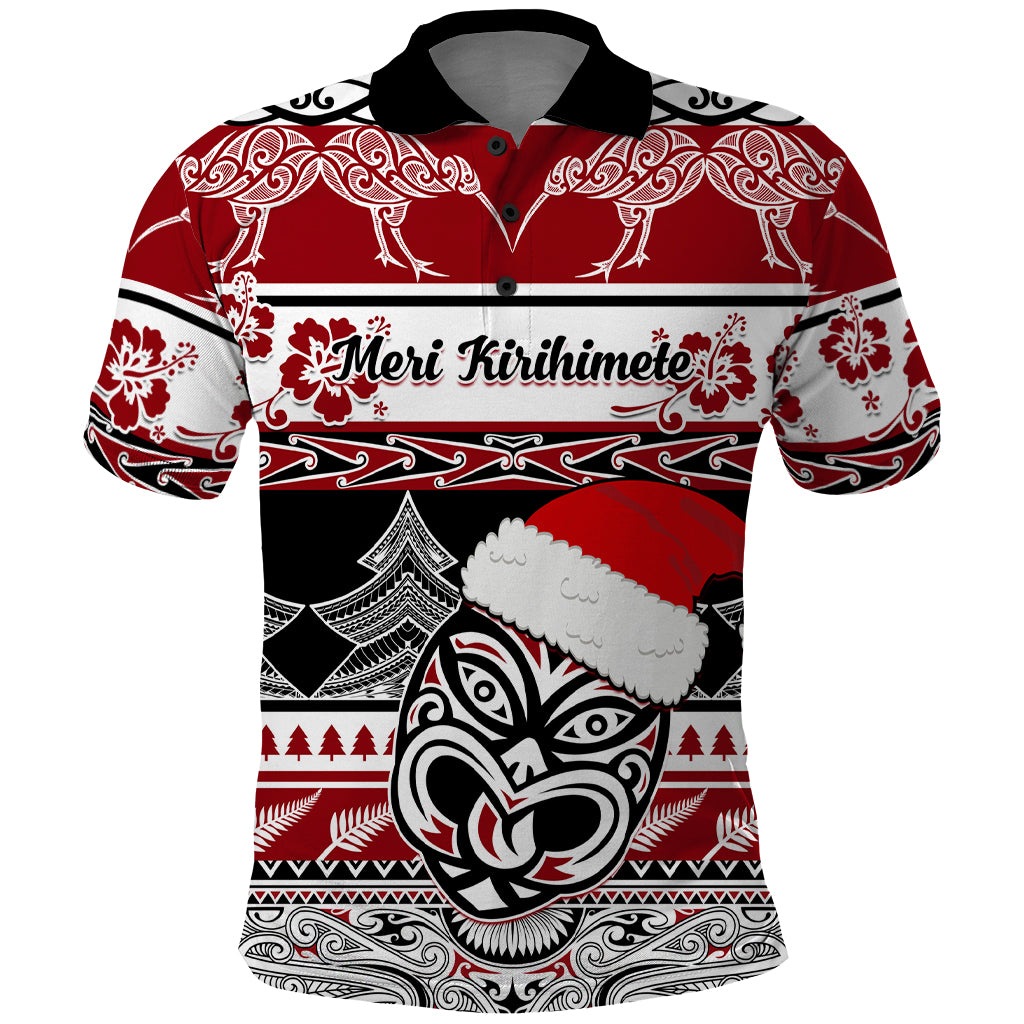 Custom New Zealand Christmas Polo Shirt Maori Meri Kirihimete Moko LT01 Red - Polynesian Pride