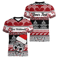 Custom New Zealand Christmas Women V Neck T Shirt Maori Meri Kirihimete Moko LT01 - Polynesian Pride