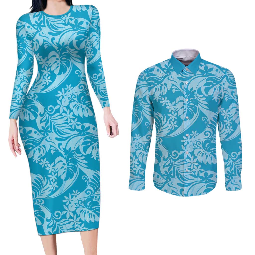 Tahiti Ninamu Tiare Floral Couples Matching Long Sleeve Bodycon Dress and Long Sleeve Button Shirt Monstera Palm Tropical Leaves - Polynesian Pride