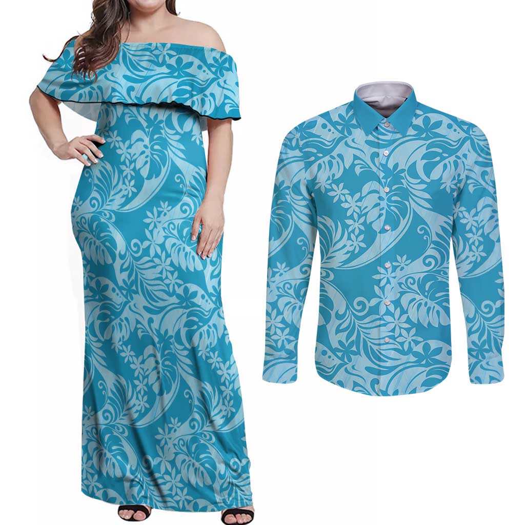 Tahiti Ninamu Tiare Floral Couples Matching Off Shoulder Maxi Dress and Long Sleeve Button Shirt Monstera Palm Tropical Leaves - Polynesian Pride