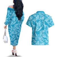 Tahiti Ninamu Tiare Floral Couples Matching Off The Shoulder Long Sleeve Dress and Hawaiian Shirt Monstera Palm Tropical Leaves - Polynesian Pride