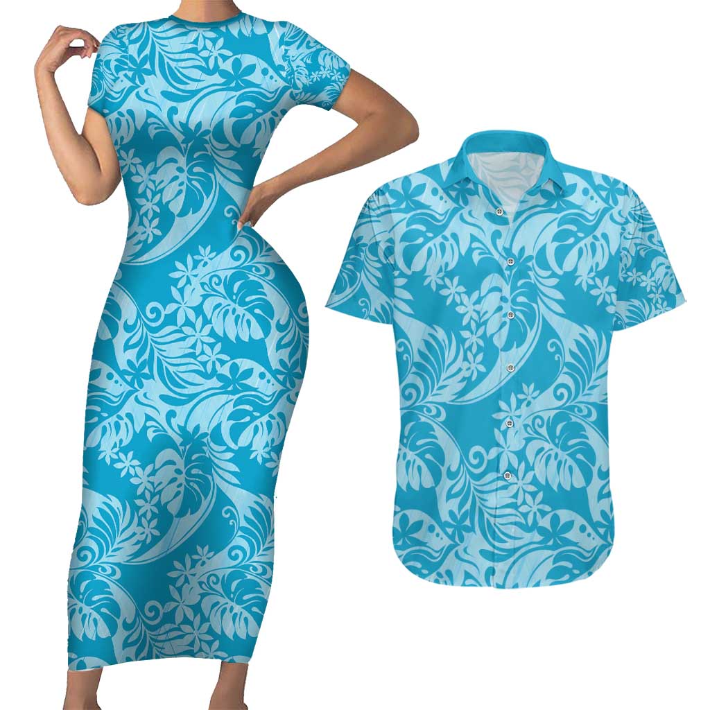 Tahiti Ninamu Tiare Floral Couples Matching Short Sleeve Bodycon Dress and Hawaiian Shirt Monstera Palm Tropical Leaves - Polynesian Pride