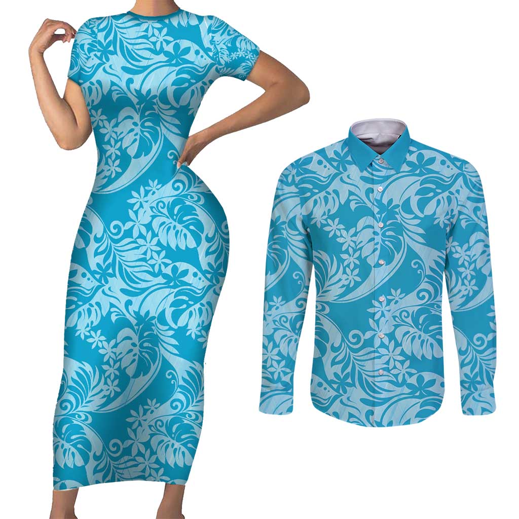 Tahiti Ninamu Tiare Floral Couples Matching Short Sleeve Bodycon Dress and Long Sleeve Button Shirt Monstera Palm Tropical Leaves - Polynesian Pride