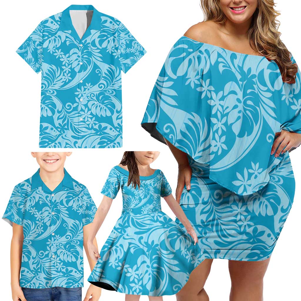Tahiti Ninamu Tiare Floral Family Matching Off Shoulder Short Dress and Hawaiian Shirt Monstera Palm Tropical Leaves - Polynesian Pride