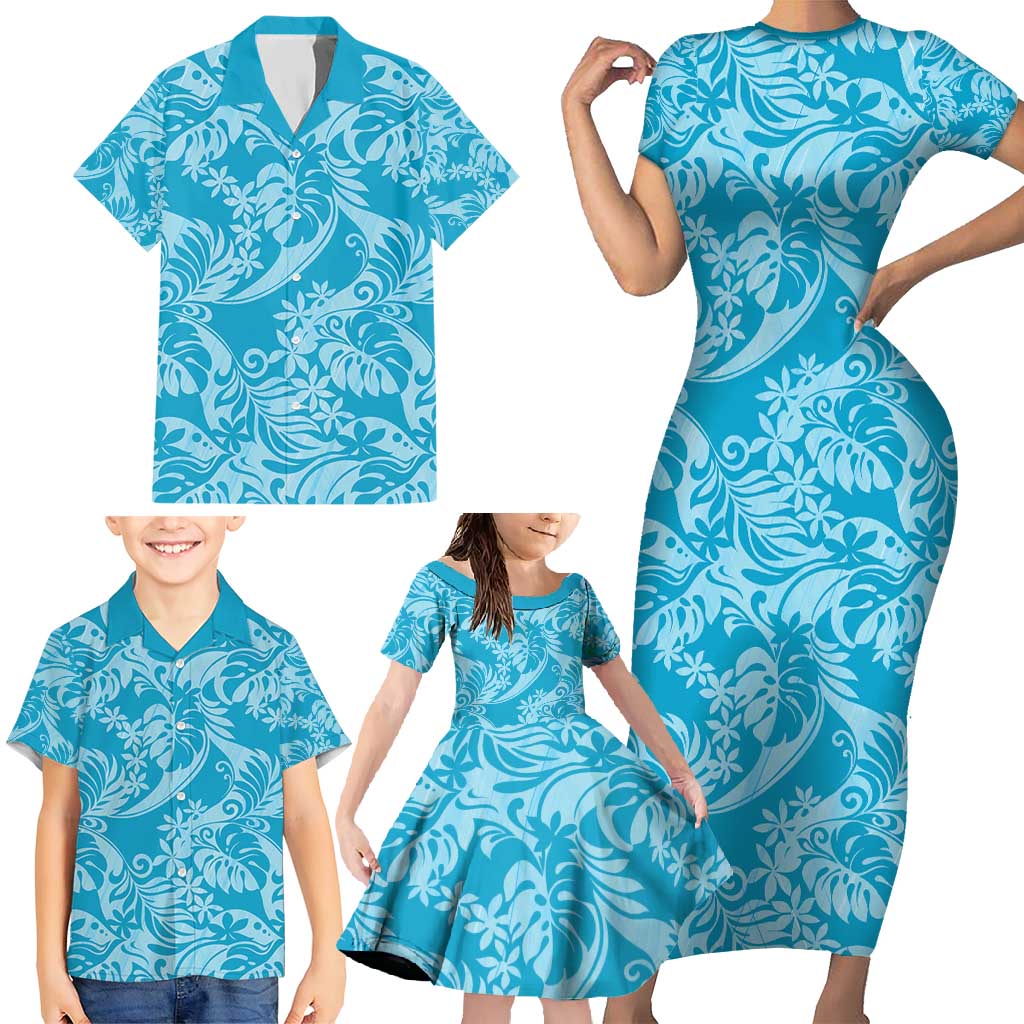 Tahiti Ninamu Tiare Floral Family Matching Short Sleeve Bodycon Dress and Hawaiian Shirt Monstera Palm Tropical Leaves - Polynesian Pride