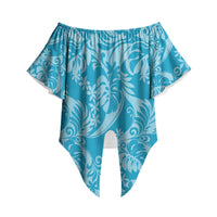 Tahiti Ninamu Tiare Floral Off Shoulder Wrap Waist Top Monstera Palm Tropical Leaves LT01 Blue - Polynesian Pride