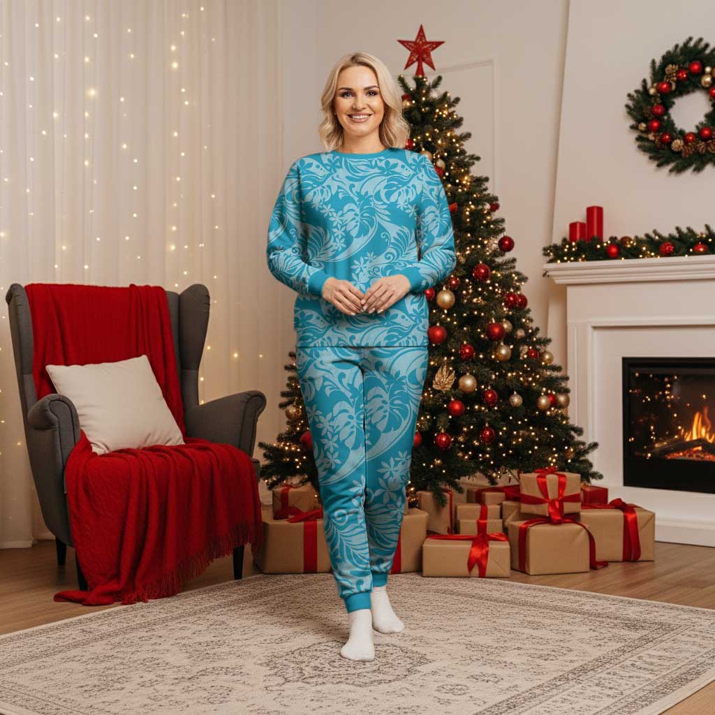 Tahiti Ninamu Tiare Floral Christmas Pajama Set Monstera Palm Tropical Leaves - Polynesian Pride