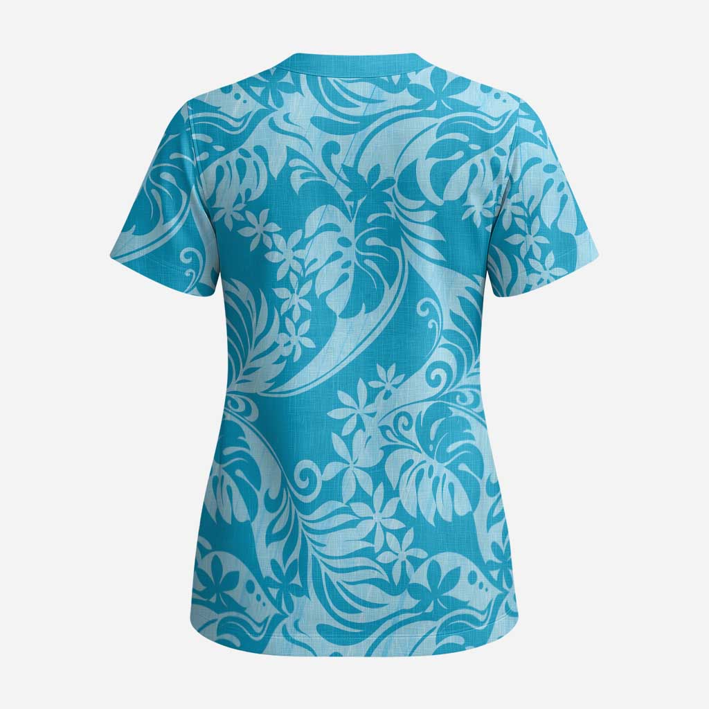 Tahiti Ninamu Tiare Floral Scrub Top Monstera Palm Tropical Leaves - Polynesian Pride