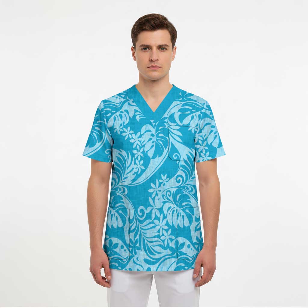 Tahiti Ninamu Tiare Floral Scrub Top Monstera Palm Tropical Leaves - Polynesian Pride