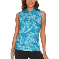 Tahiti Ninamu Tiare Floral Women Sleeveless Polo Shirt Monstera Palm Tropical Leaves - Polynesian Pride