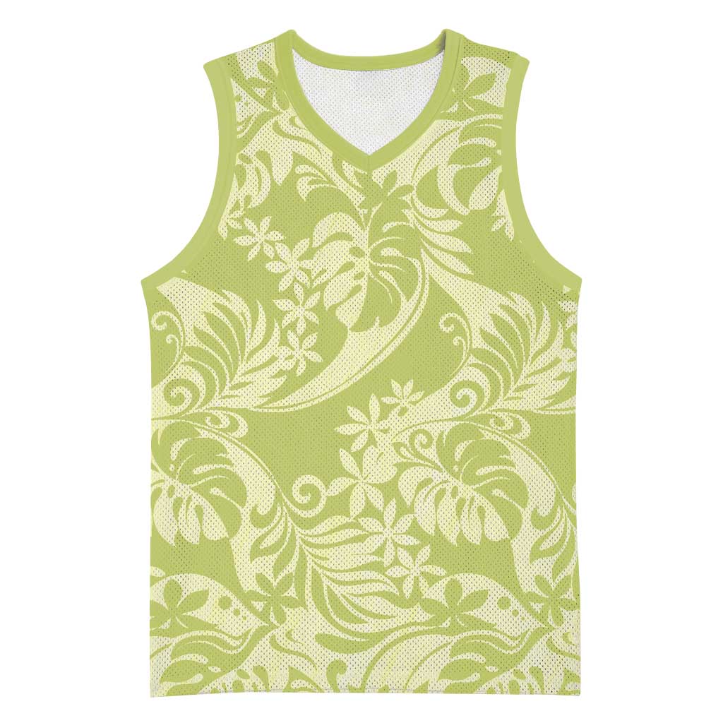 Tahiti Olive Tiare Floral Basketball Jersey Monstera Palm Tropical Leaves - Polynesian Pride