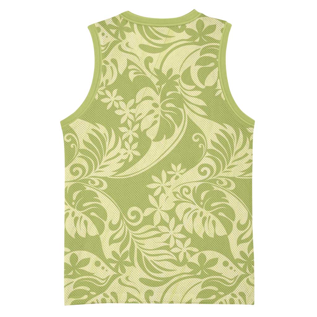 Tahiti Olive Tiare Floral Basketball Jersey Monstera Palm Tropical Leaves - Polynesian Pride