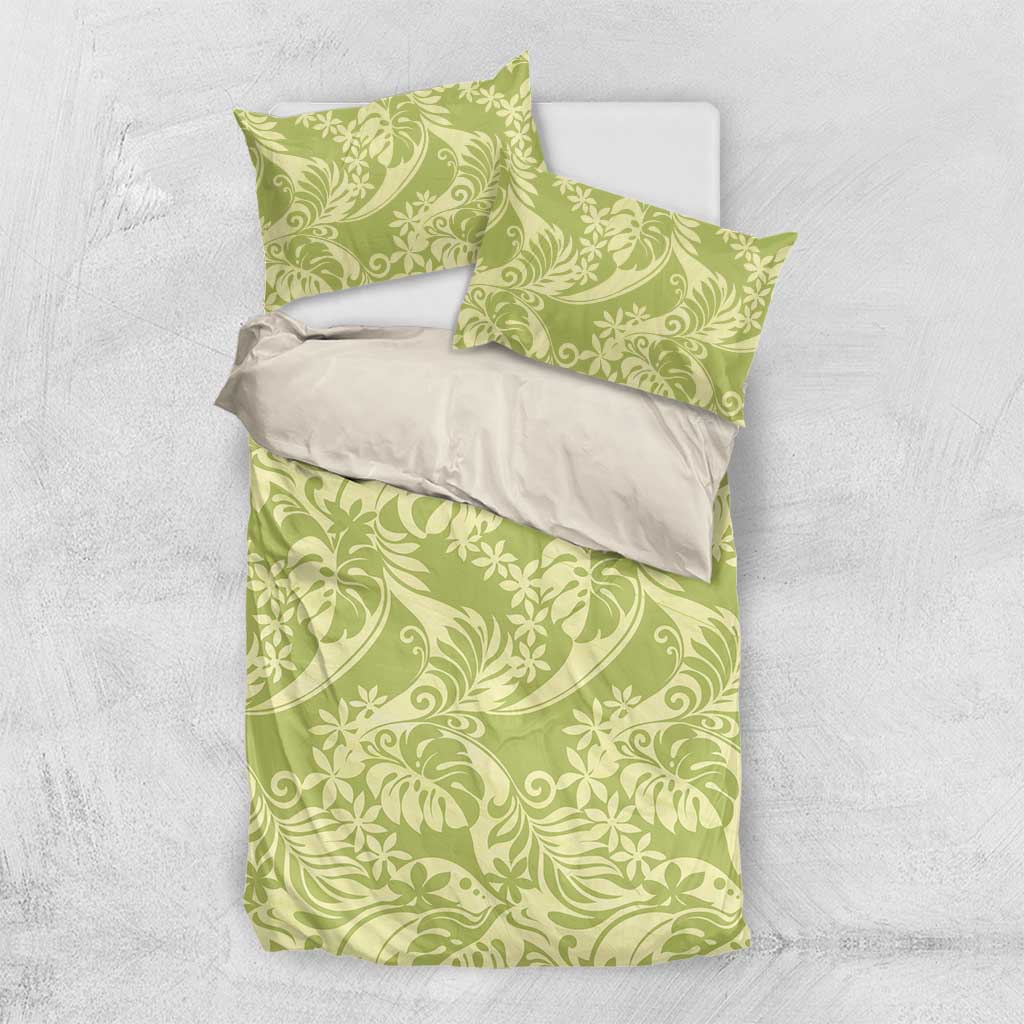 Tahiti Olive Tiare Floral Bedding Set Monstera Palm Tropical Leaves - Polynesian Pride