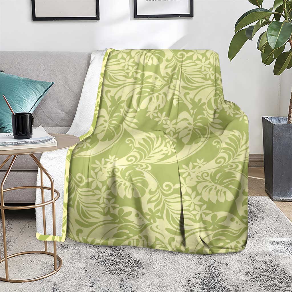 Tahiti Olive Tiare Floral Blanket Monstera Palm Tropical Leaves - Polynesian Pride