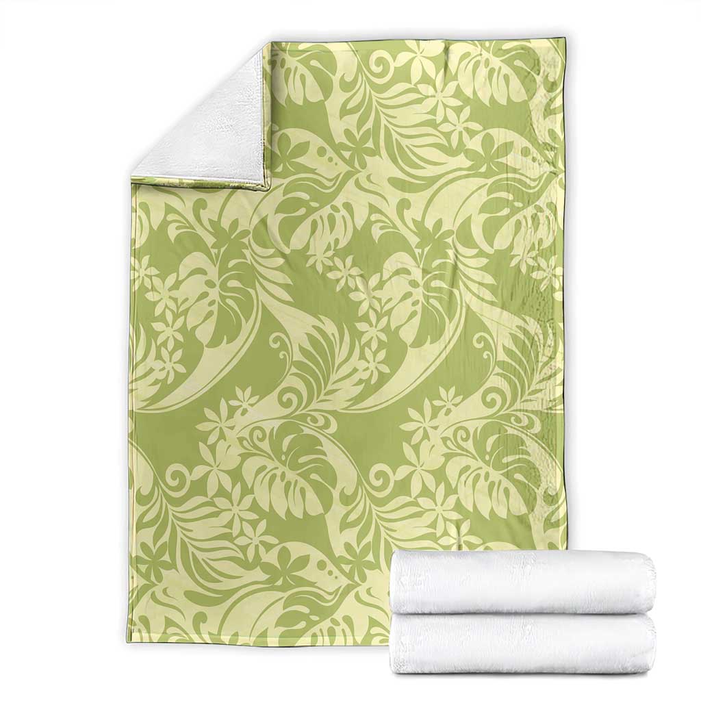 Tahiti Olive Tiare Floral Blanket Monstera Palm Tropical Leaves - Polynesian Pride