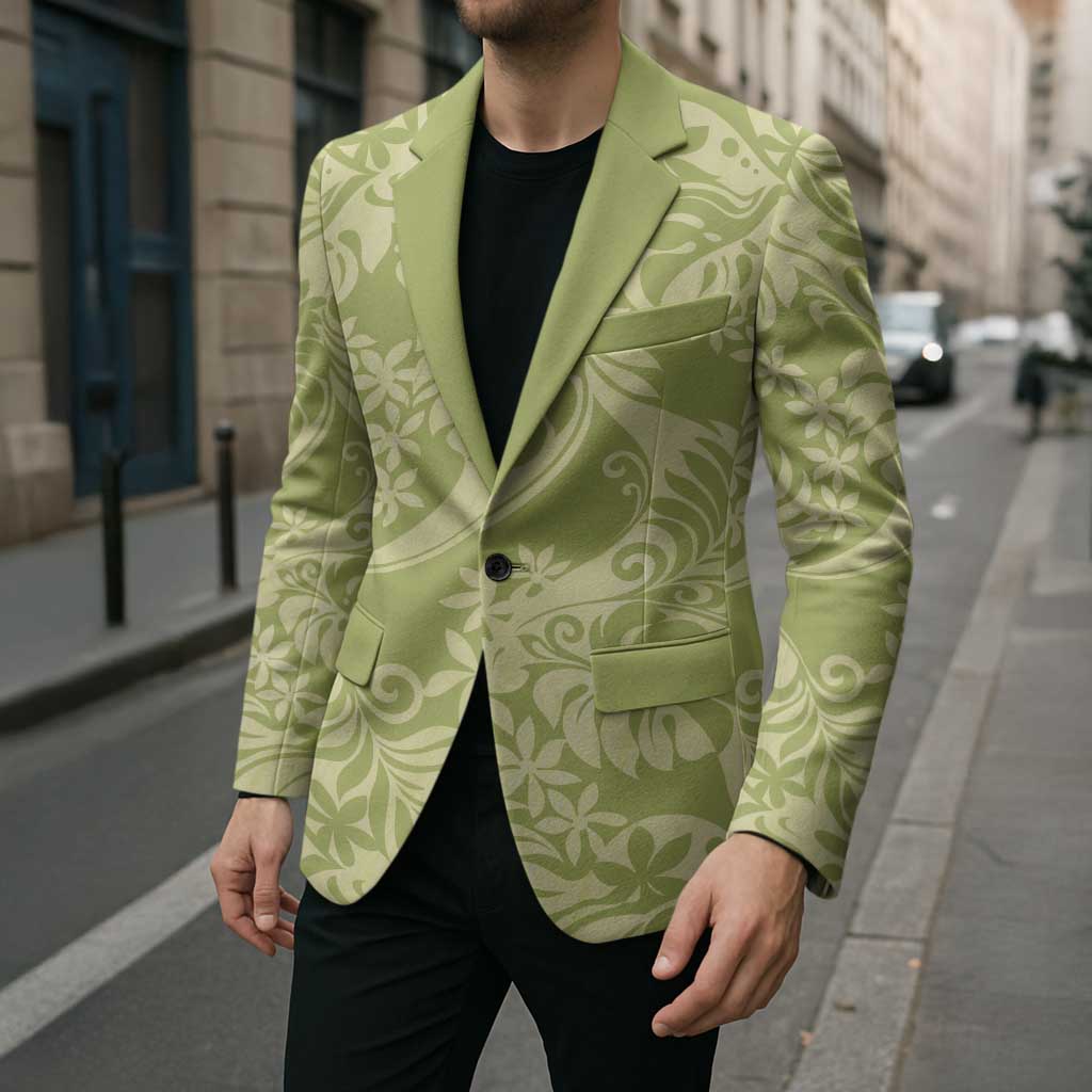 Tahiti Olive Tiare Floral Blazer Monstera Palm Tropical Leaves - Polynesian Pride