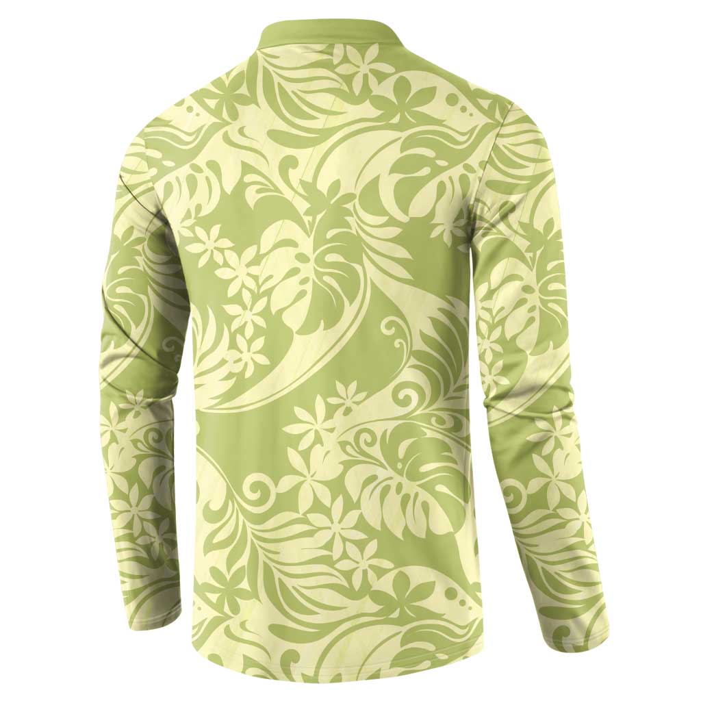 Tahiti Olive Tiare Floral Button Sweatshirt Monstera Palm Tropical Leaves - Polynesian Pride