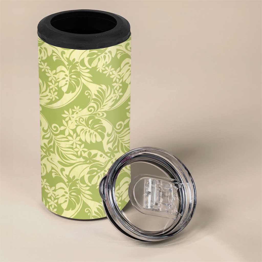 Tahiti Olive Tiare Floral 4 in 1 Can Cooler Tumbler Monstera Palm Tropical Leaves - Polynesian Pride