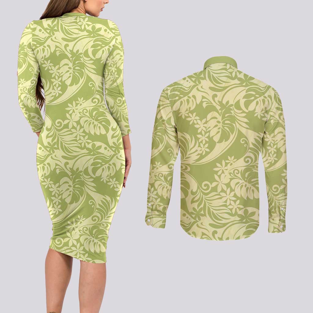 Tahiti Olive Tiare Floral Couples Matching Long Sleeve Bodycon Dress and Long Sleeve Button Shirt Monstera Palm Tropical Leaves - Polynesian Pride