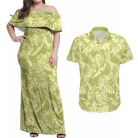 Tahiti Olive Tiare Floral Couples Matching Off Shoulder Maxi Dress and Hawaiian Shirt Monstera Palm Tropical Leaves - Polynesian Pride