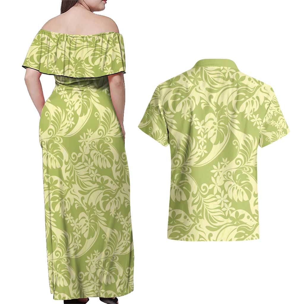 Tahiti Olive Tiare Floral Couples Matching Off Shoulder Maxi Dress and Hawaiian Shirt Monstera Palm Tropical Leaves - Polynesian Pride