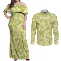 Tahiti Olive Tiare Floral Couples Matching Off Shoulder Maxi Dress and Long Sleeve Button Shirt Monstera Palm Tropical Leaves - Polynesian Pride