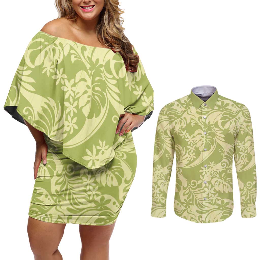 Tahiti Olive Tiare Floral Couples Matching Off Shoulder Short Dress and Long Sleeve Button Shirt Monstera Palm Tropical Leaves - Polynesian Pride